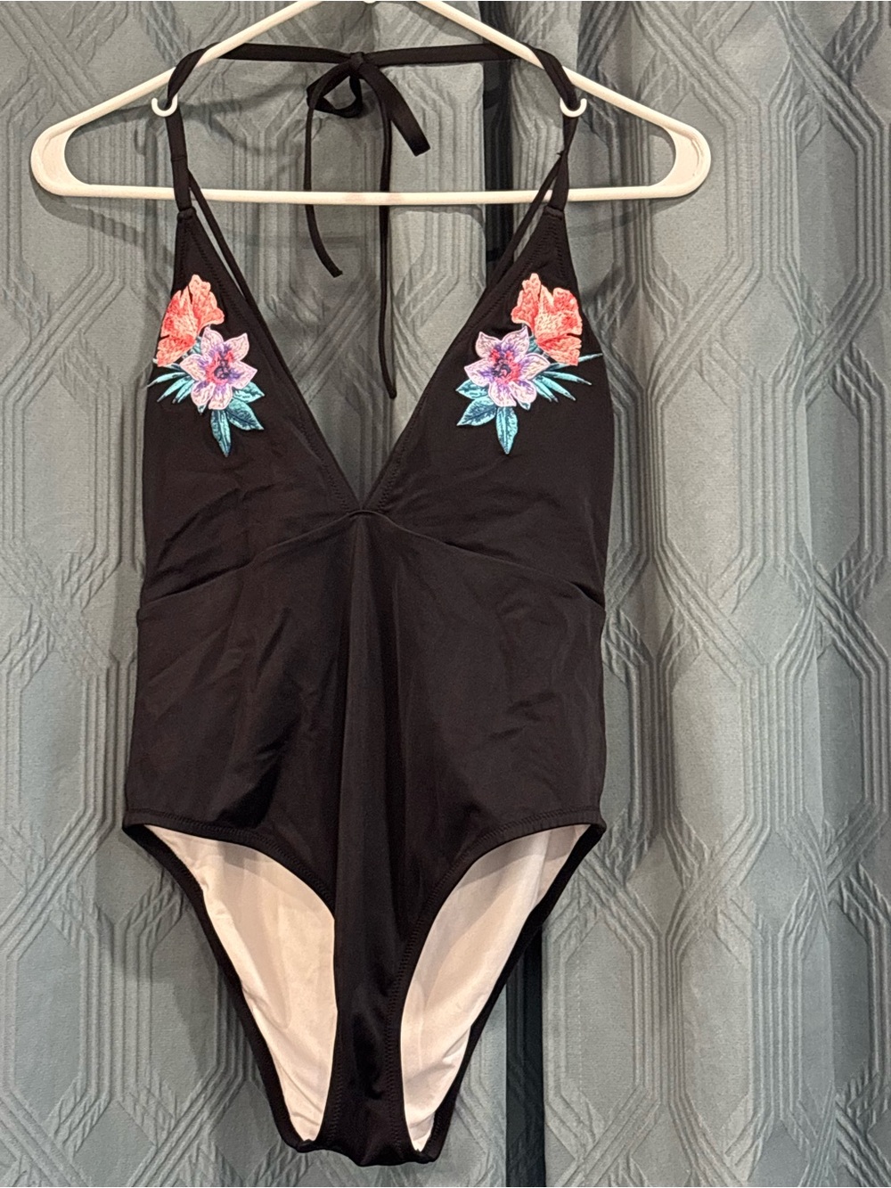 Victoria Secret Pink Y2K Black Floral Embroidered Halter One-Piece Swimsuit